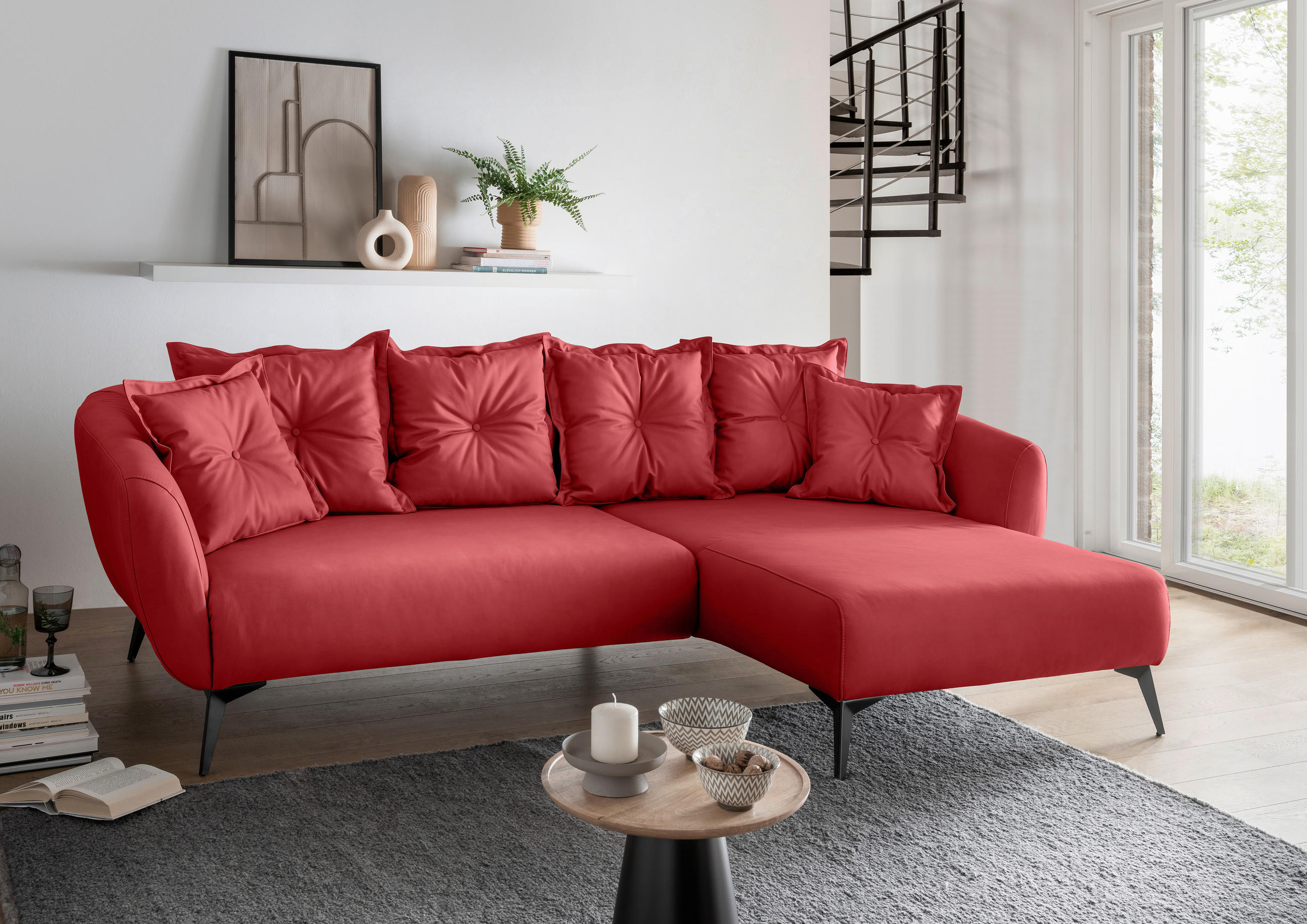 ECKSOFA Rot Lederlook  - Rot/Schwarz, MODERN, Textil/Metall (277/162cm) - Livetastic