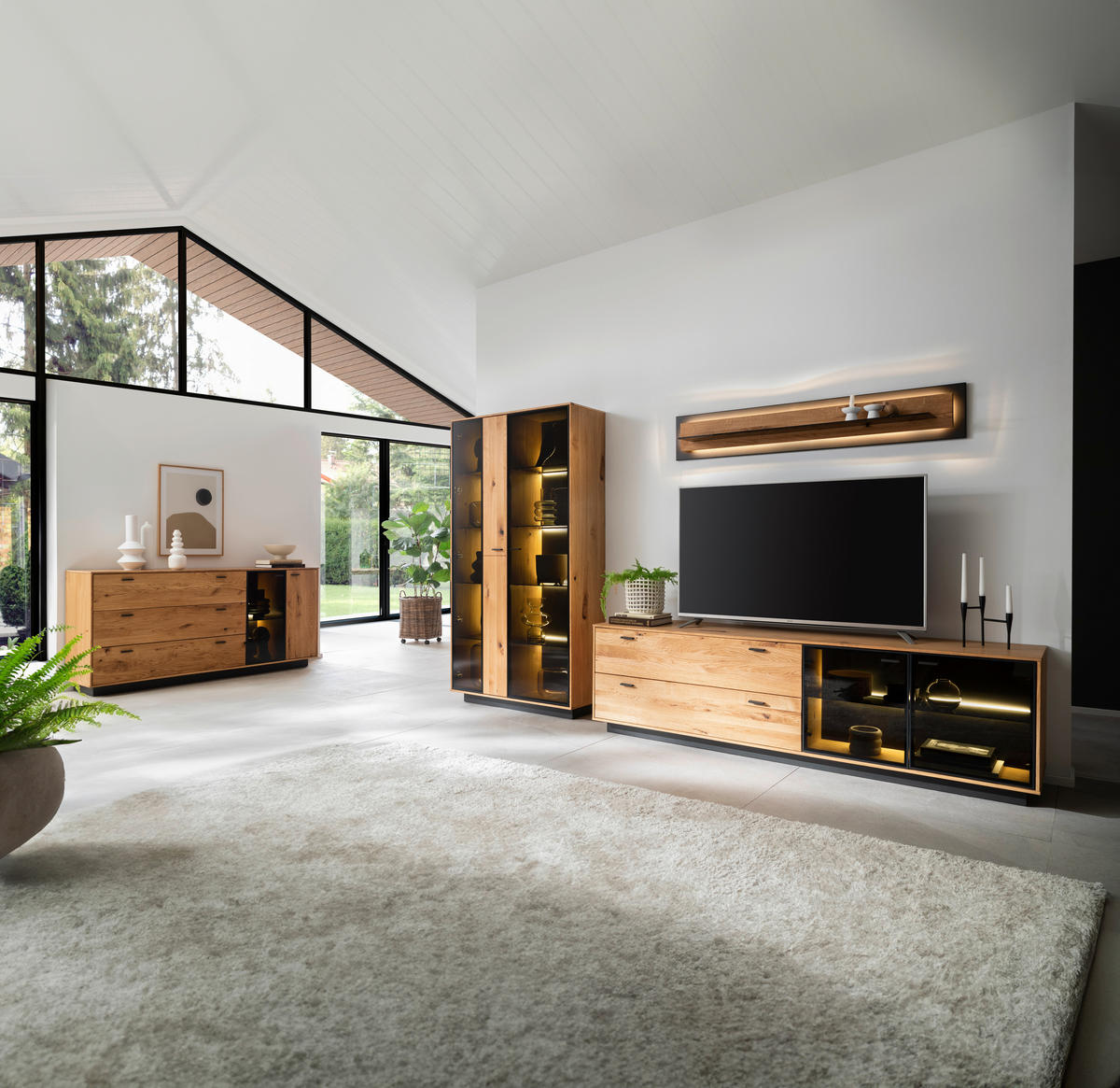 WOHNWAND  in Anthrazit, Eichefarben 319/190/50 cm  - Eichefarben/Anthrazit, Natur, Glas/Holz (319/190/50cm) - Linea Natura
