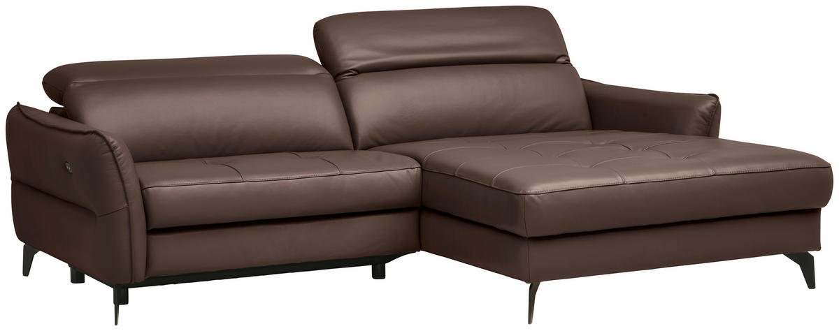 ECKSOFA inkl. Funktionen Braun Echtleder  - Schwarz/Braun, Design, Leder/Metall (246/175cm) - Celina Home