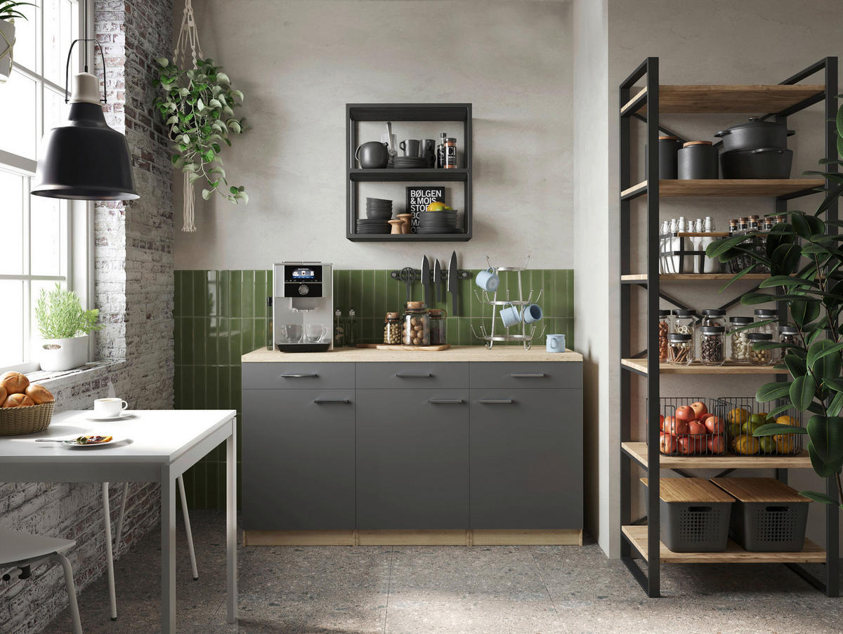 KÜCHENUNTERSCHRANK 150/85/60 cm  in Grau, Eichefarben  - Eichefarben/Silberfarben, Basics, Holzwerkstoff/Metall (150/85/60cm) - Respekta