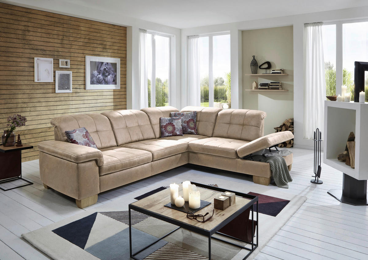 ECKSOFA Beige Mikrofaser  - Beige, KONVENTIONELL, Holz/Textil (299/243cm) - Carryhome