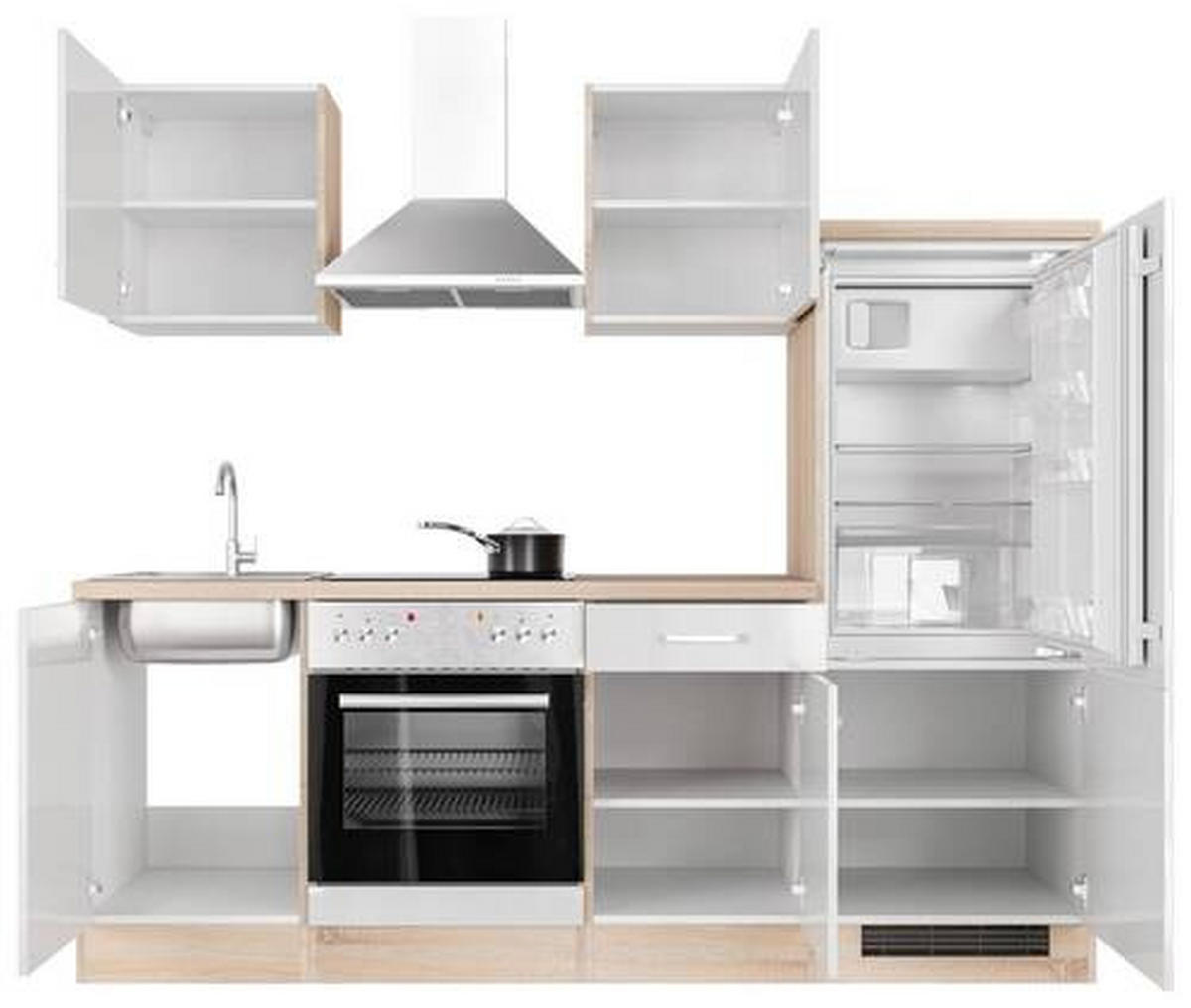 KUCHYNSKÁ LINKA VALERO 220 - biela s vysokým leskom/farba ušľachtilej ocele, Modern, kov/kompozitné drevo (220cm) - FlexWell
