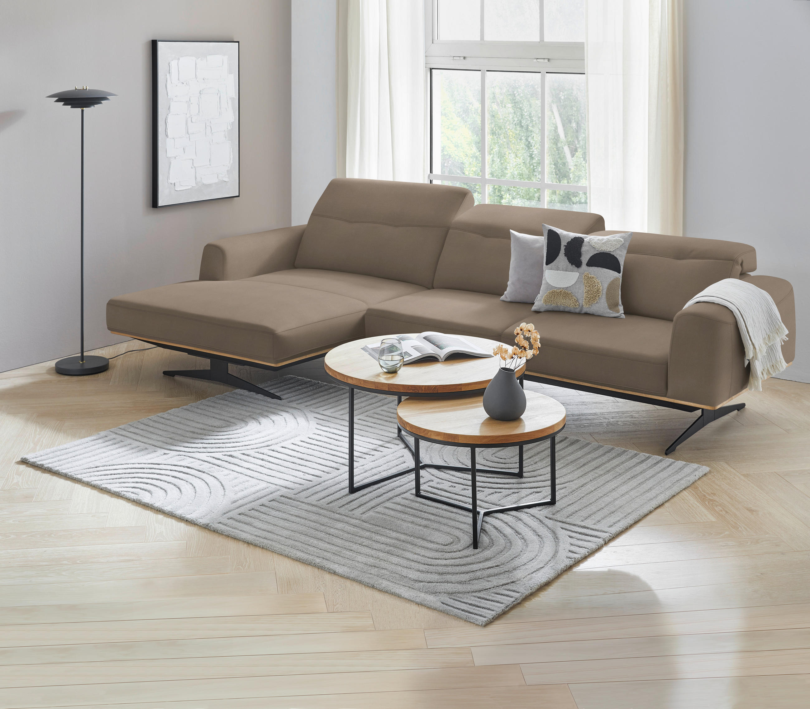 ECKSOFA in Echtleder Hellbraun  - Hellbraun/Eichefarben, Design, Leder/Holz (163/305cm) - Novel