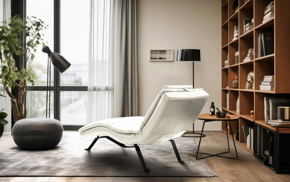 RELAXLIEGE Echtleder Weiß  - Schwarz/Weiß, Design, Leder/Metall (65/95/171cm) - Celina Home