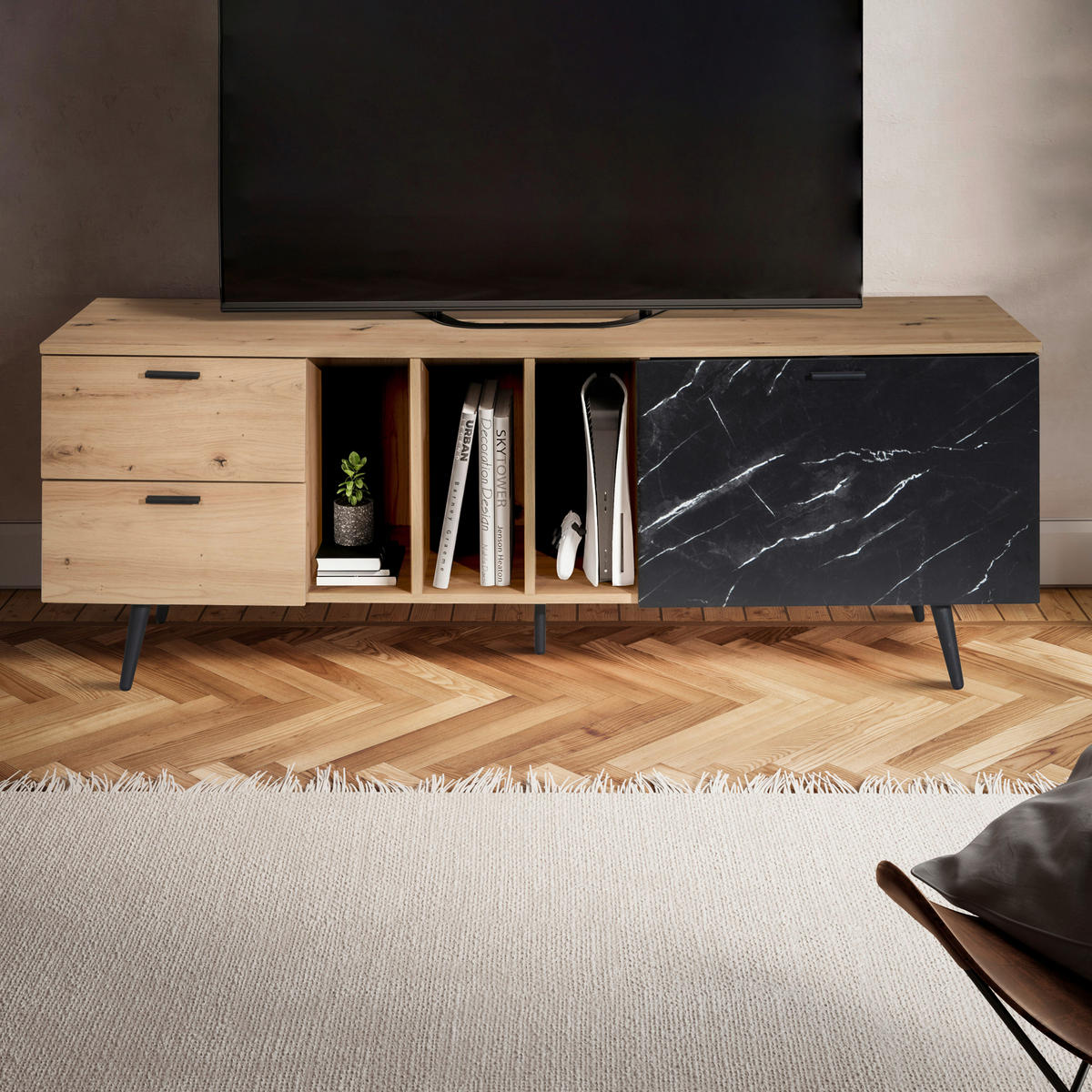 NÍZKA KOMODA, farba duba, tmavosivá,  - čierna/farba duba, Design, kov/kompozitné drevo (150/55/40cm) - Livetastic