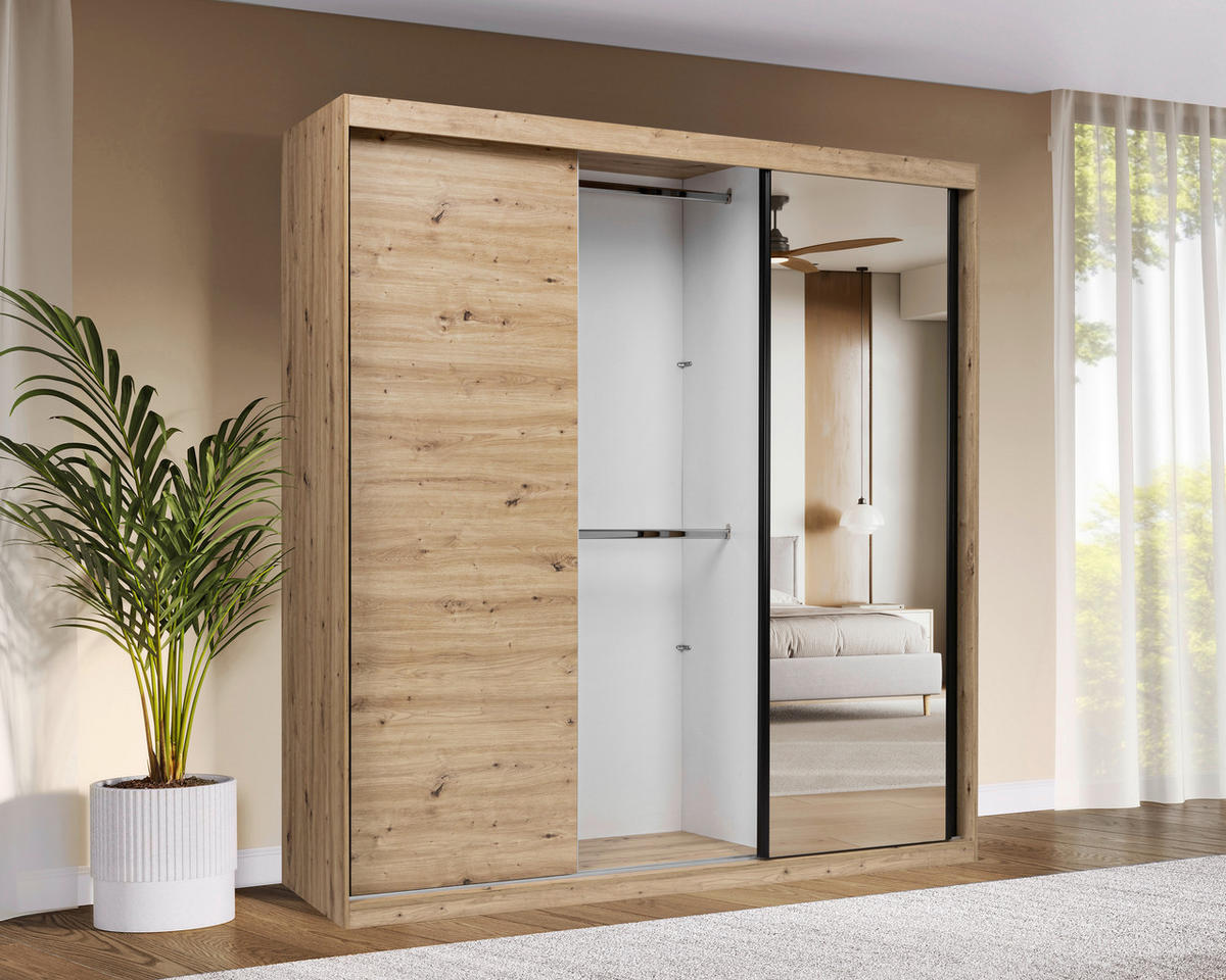 SCHIEBETÜRENSCHRANK 200/215/59,5 cm 3-türig Eiche Artisan  - Schwarz/Eiche Artisan, MODERN, Holzwerkstoff/Metall (200/215/59,5cm) - MID.YOU