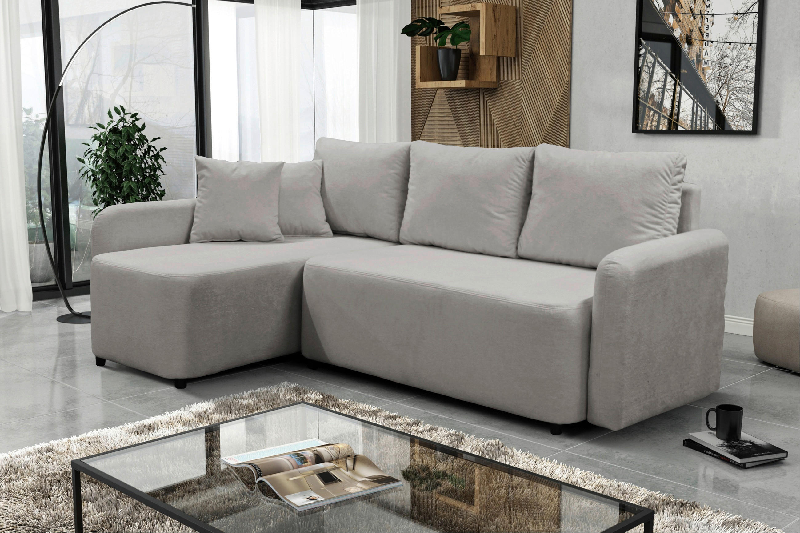 ECKSOFA STERN Taupe Bouclé Zierkissen, Rückenkissen, Bettkasten  - Taupe/Schwarz, Design, Kunststoff/Textil (152/207cm) - MID.YOU