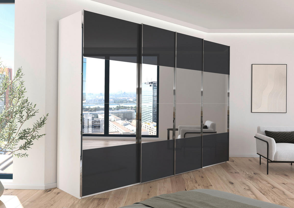 SCHWEBETÜRENSCHRANK 316/223/68 cm 4-türig Schwarz, Weiß  - Chromfarben/Schwarz, Design, Glas/Holzwerkstoff (316/223/68cm) - Novel