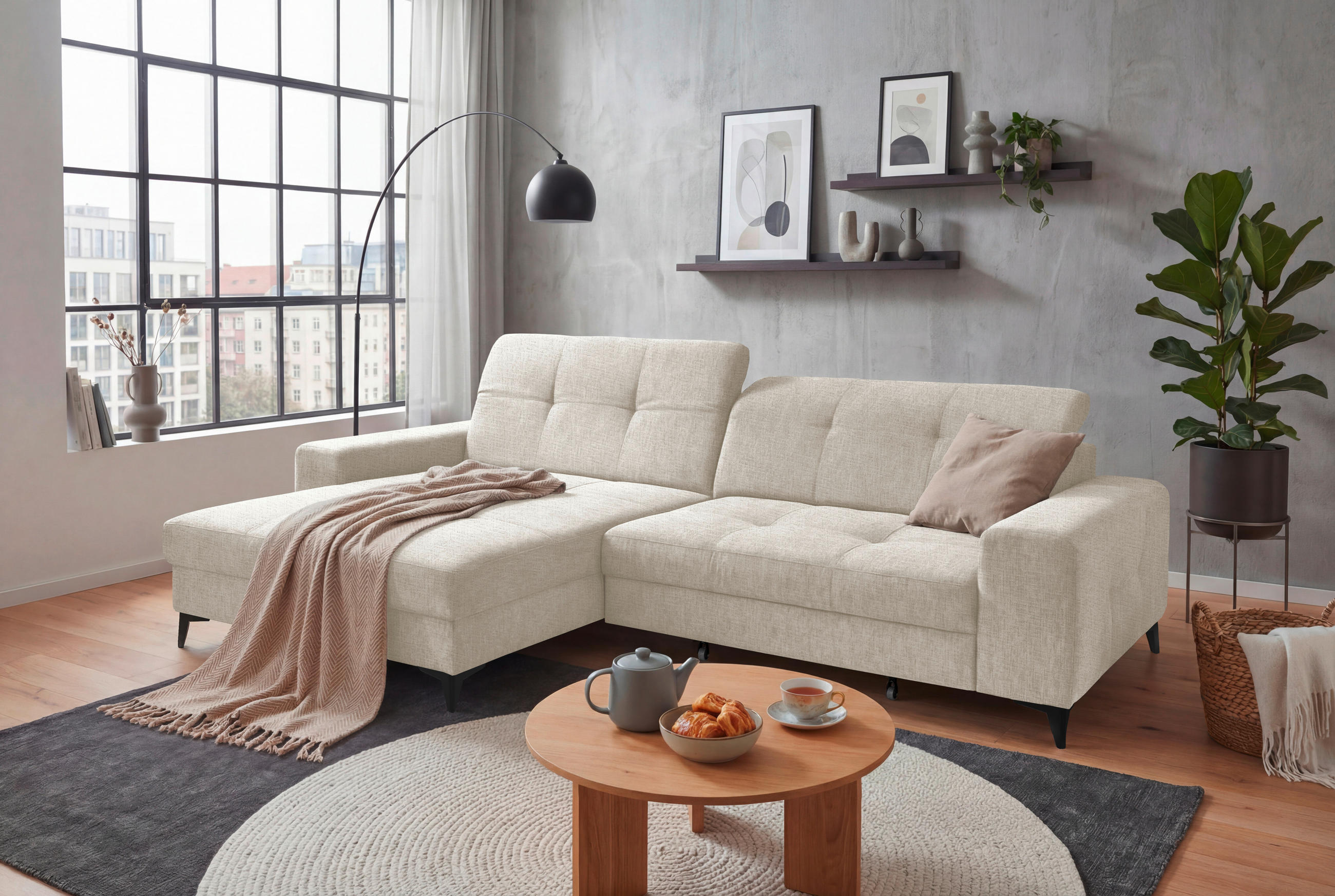 ECKSOFA SORELLA Creme Chenille Kopfteilverstellung, Sitztiefenverstellung  - Creme/Schwarz, Design, Kunststoff/Textil (182/328cm) - MID.YOU