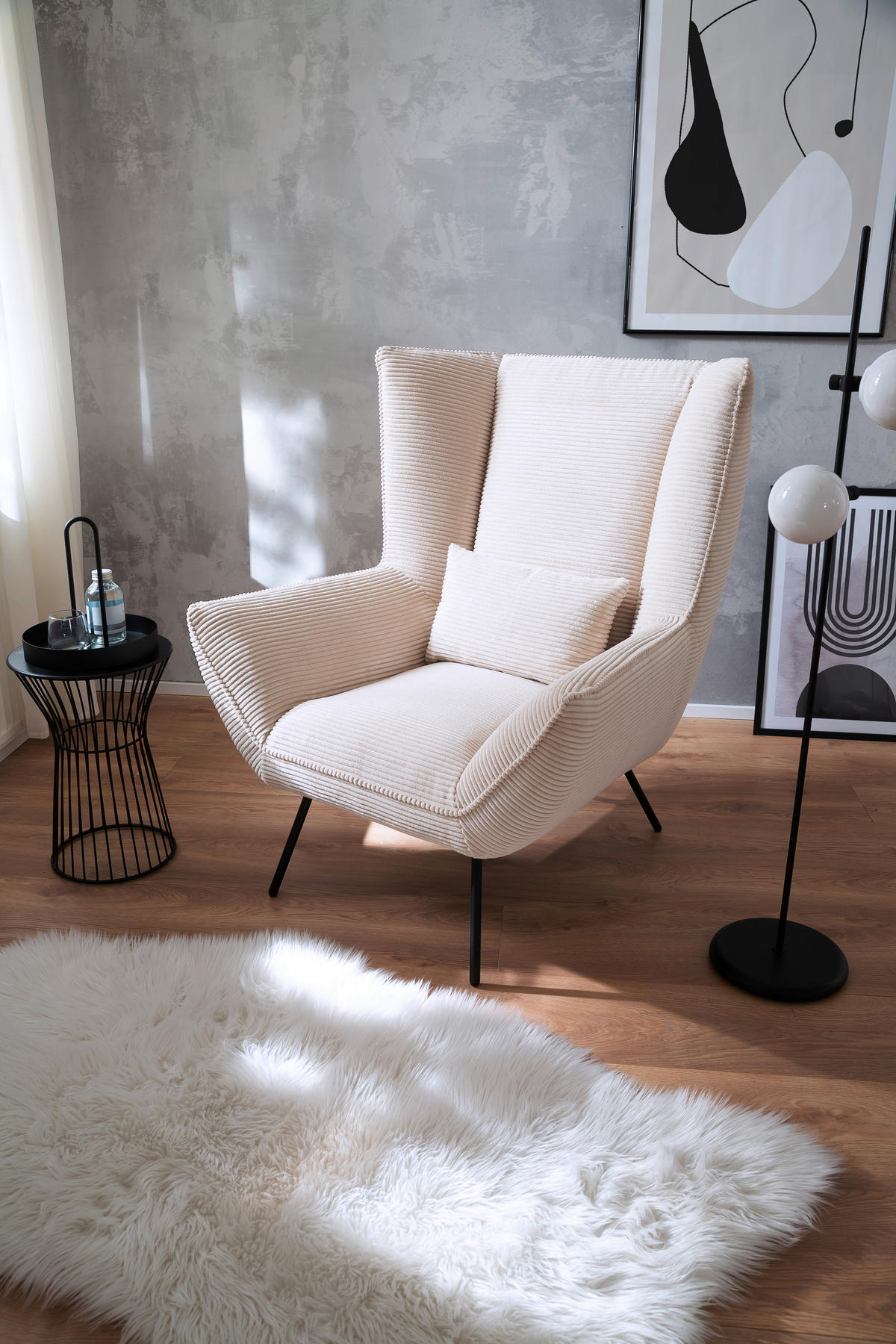 SESSEL in Cord Naturfarben  - Schwarz/Naturfarben, Design, Textil/Metall (90/112/94cm) - Pure Home Lifestyle