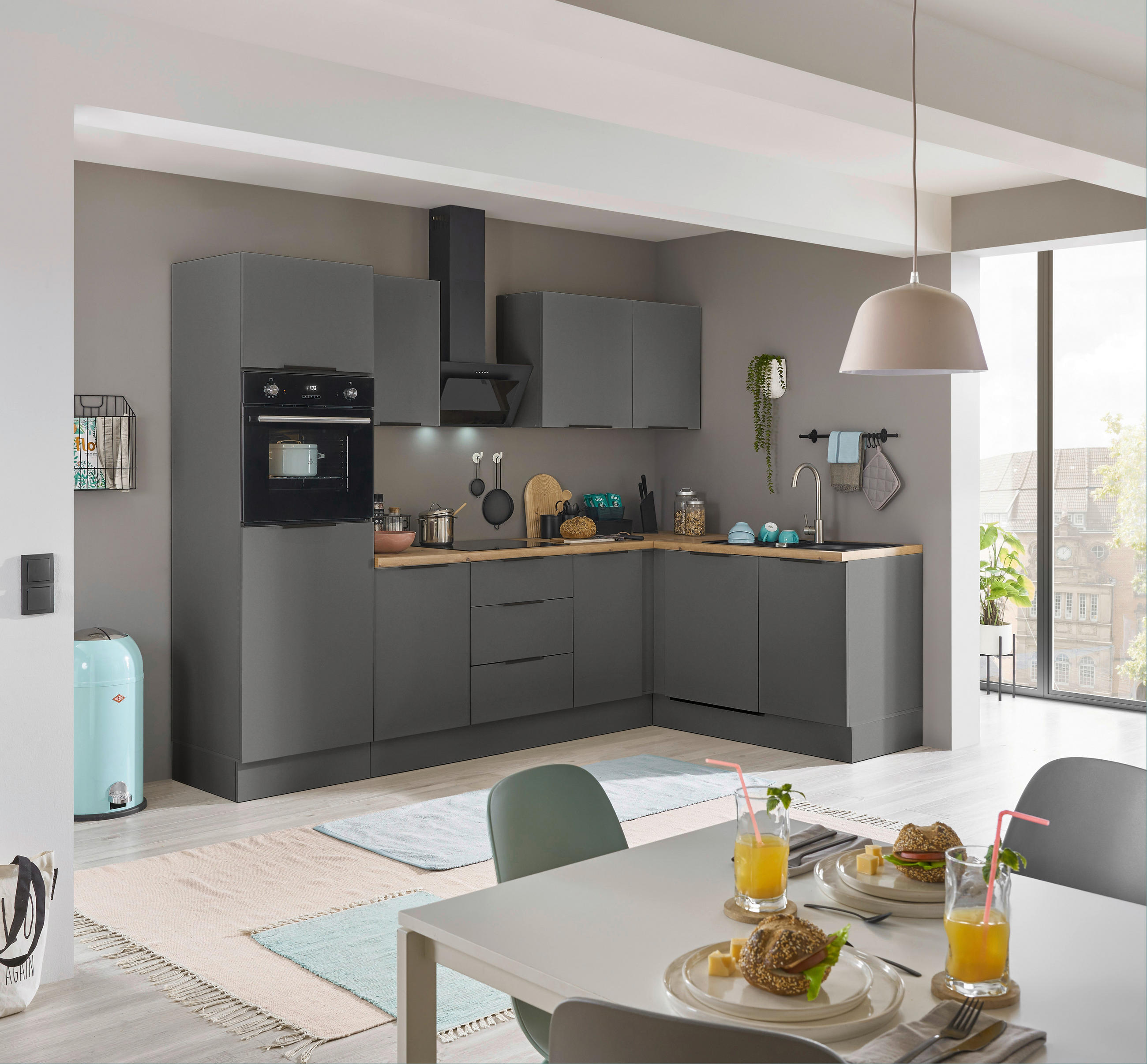 ECKKÜCHE 280/175 cm  in Graphitfarben  - Schwarz/Graphitfarben, Basics, Holzwerkstoff/Metall (280/175cm) - Carryhome