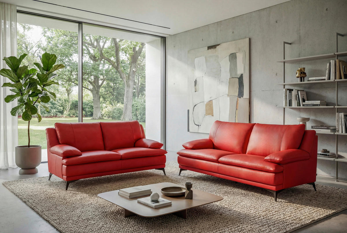 2,5-SITZER Rot Echtleder  - Rot/Schwarz, Design, Leder/Metall (212/92/98cm) - Novel