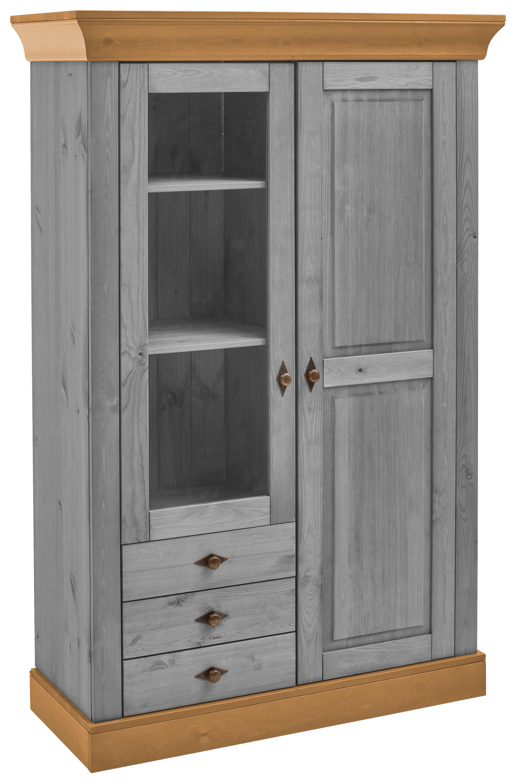 VITRINE in massiv Kiefer Grau, Laugenfarbig  - Laugenfarbig/Grau, ROMANTIK / LANDHAUS, Glas/Holz (108/163/45cm) - Boxxx