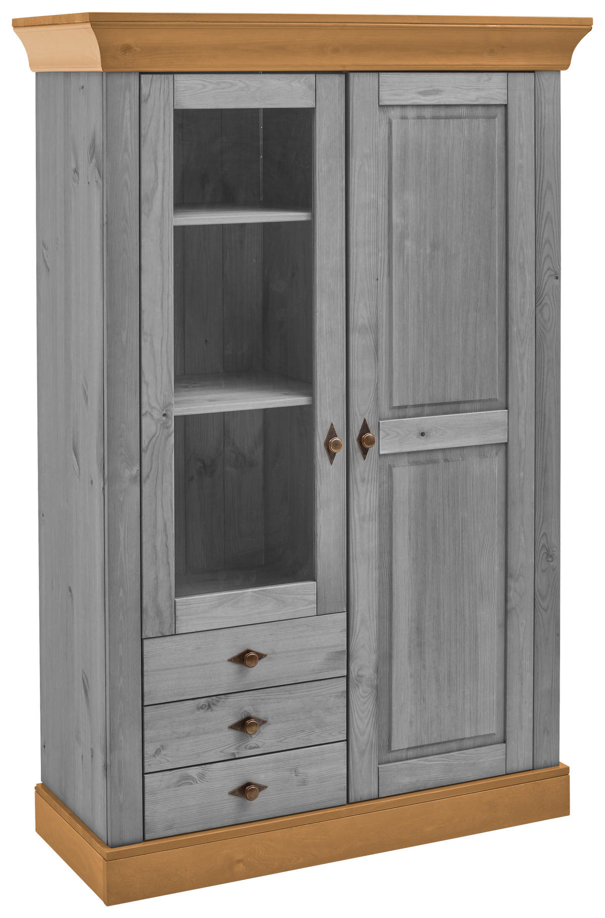 VITRINE in massiv Kiefer Laugenfarbig, Grau  - Laugenfarbig/Grau, ROMANTIK / LANDHAUS, Glas/Holz (108/163/45cm) - Boxxx