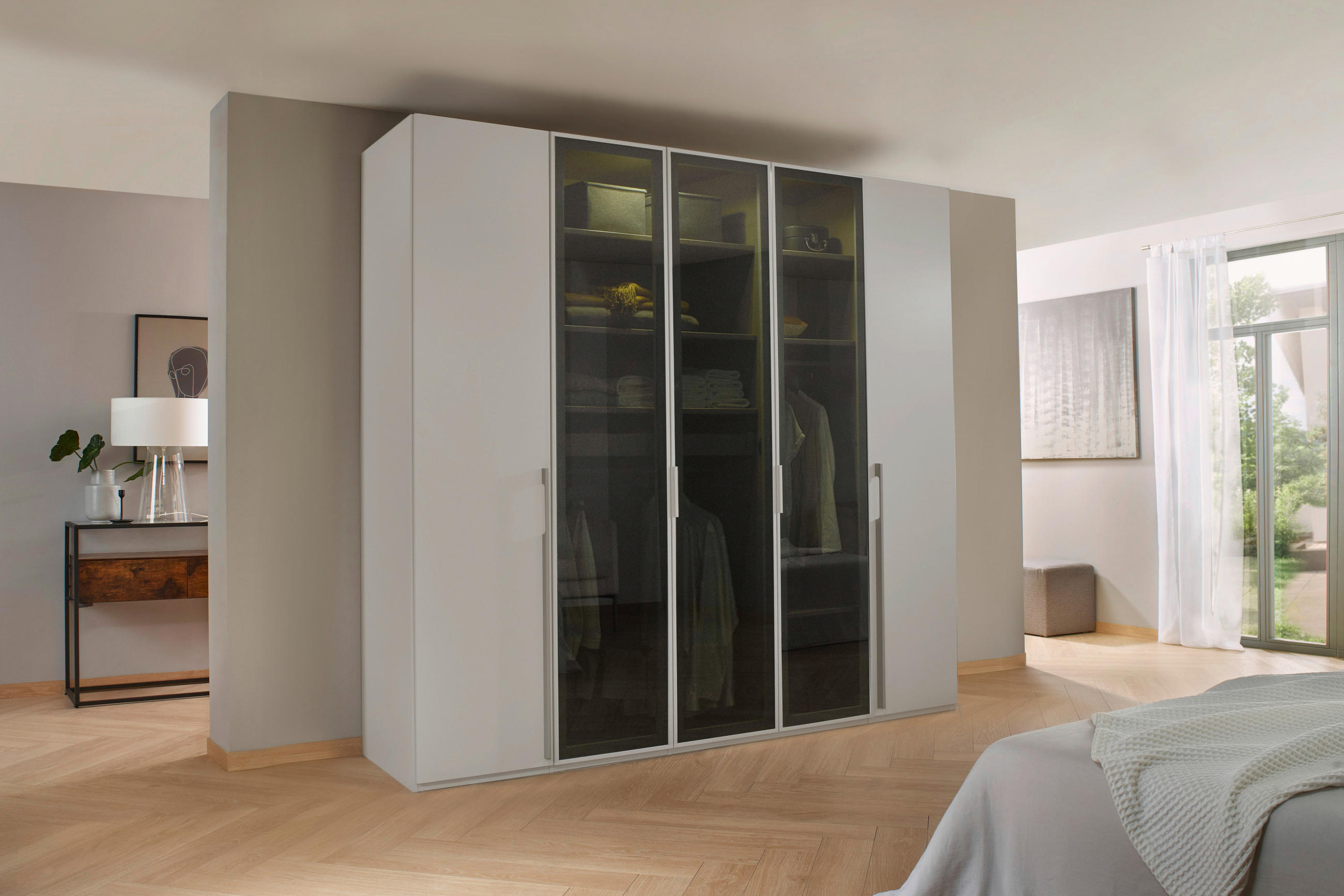 DREHTÜRENSCHRANK 251/223/60 cm 5-türig Grau, Hellgrau  - Hellgrau/Grau, Trend, Glas/Holzwerkstoff (251/223/60cm) - Novel
