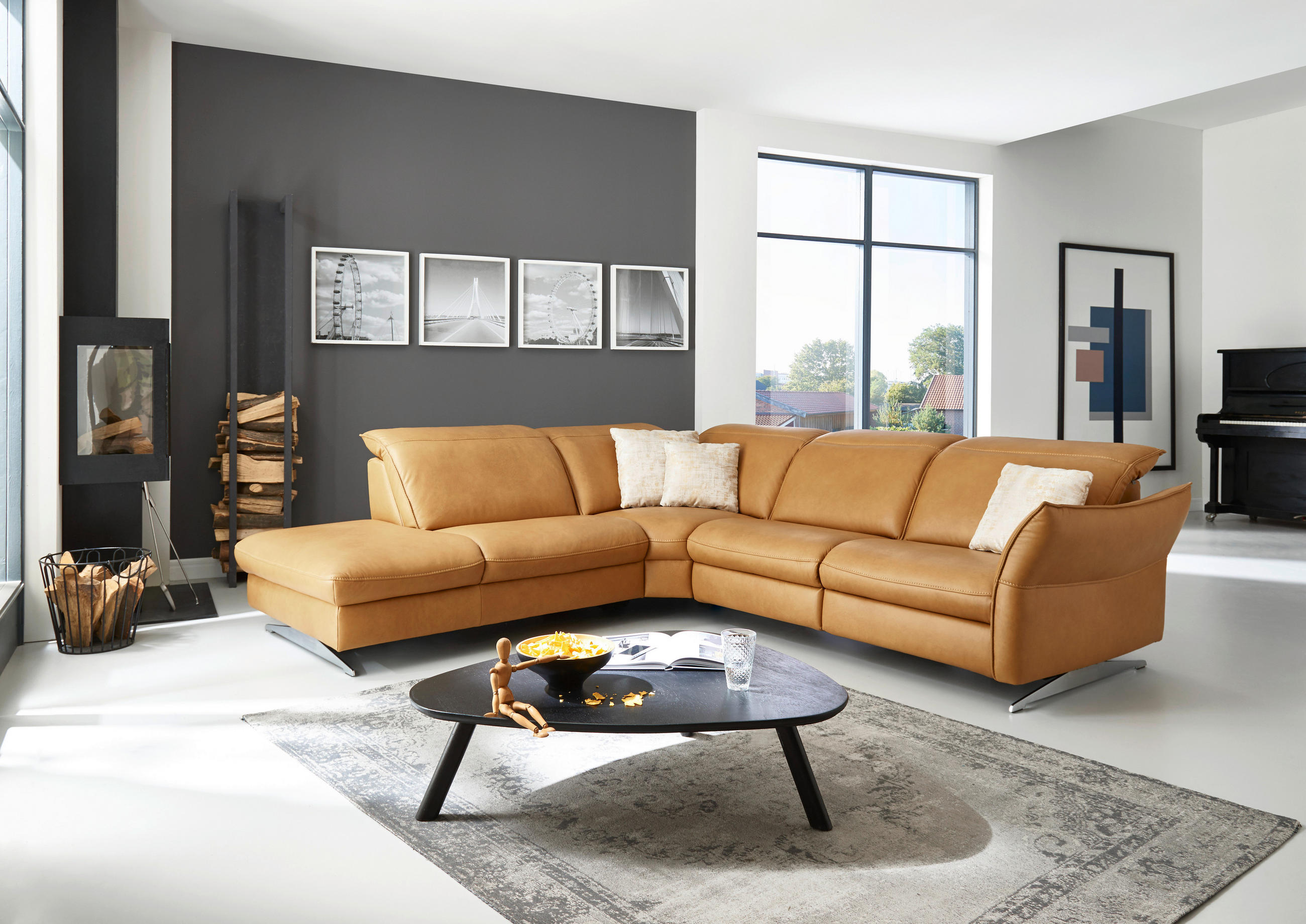 ECKSOFA inkl. Funktionen Valdera Orange Echtleder  - Edelstahlfarben/Orange, Design, Leder/Metall (258/292cm) - Hukla