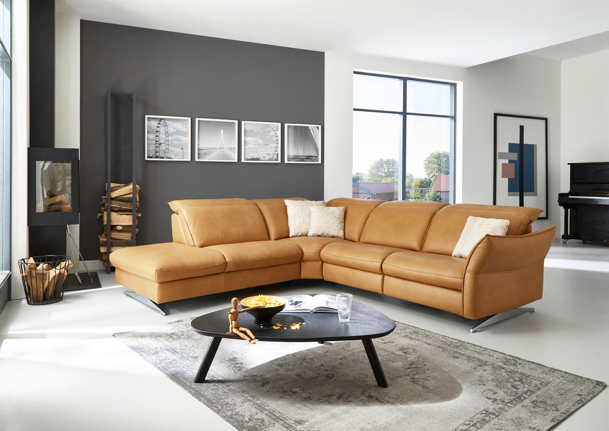 ECKSOFA in Echtleder Orange  - Edelstahlfarben/Orange, Design, Leder/Metall (258/292cm) - Hukla