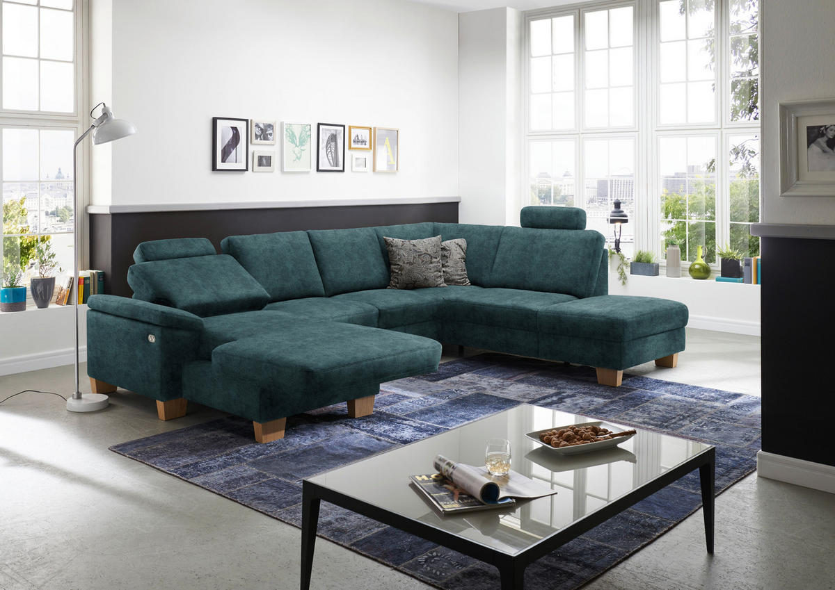 WOHNLANDSCHAFT in Velours Petrol  - Eichefarben/Petrol, Konventionell, Holz/Textil (167/316/235cm) - Beldomo System