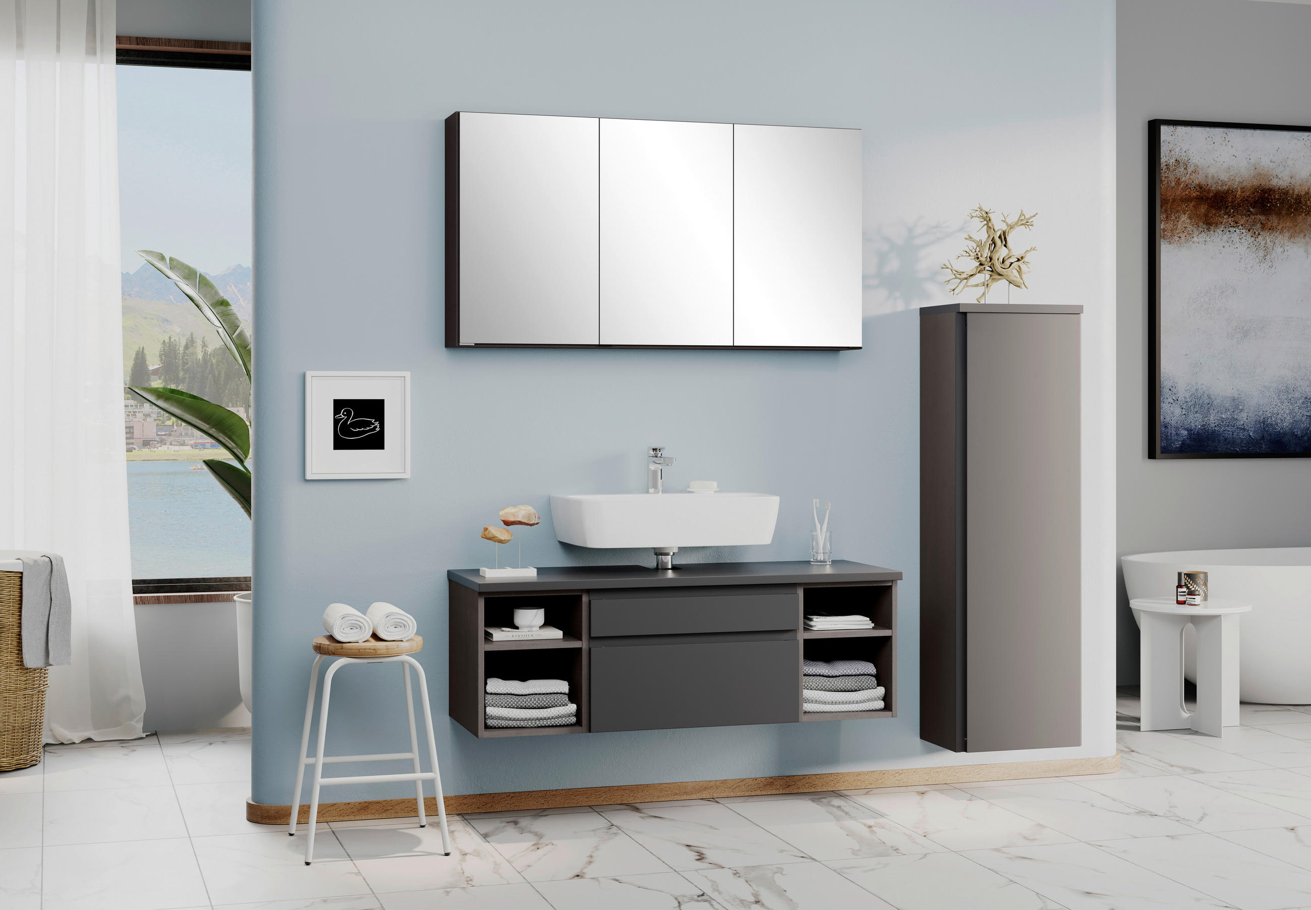 Thumbnail - Held Midischrank, Graphit, Grau, Holzwerkstoff, 4 Fächer, 40x130x35 cm, Made in Germany, hängend, stehend, Badezimmer, B...