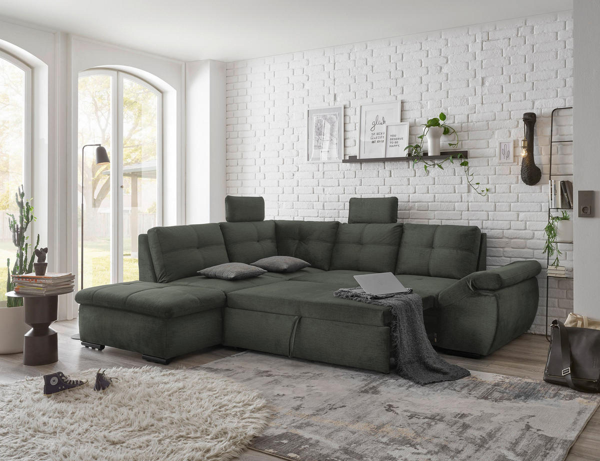 ECKSOFA in Mikrovelours Dunkelgrün  - Dunkelgrün/Schwarz, Konventionell, Kunststoff/Textil (217/265cm) - Carryhome