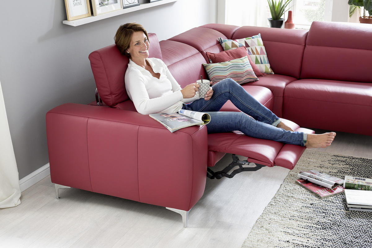 ECKSOFA inkl.Funktionen Rot Echtleder  - Chromfarben/Rot, Design, Leder/Metall (290/223cm) - Pure Home Lifestyle