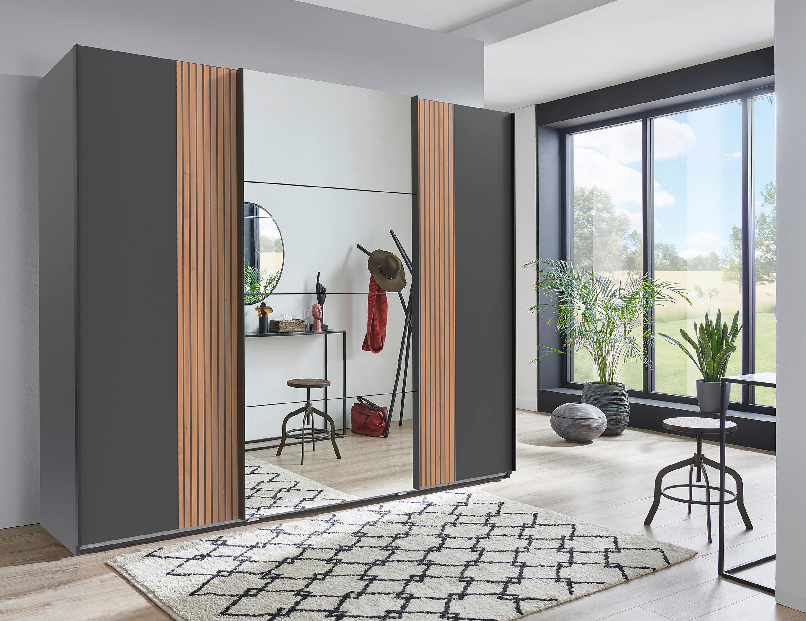 SCHWEBETÜRENSCHRANK  in Graphitfarben, Eiche Artisan  - Schwarz/Graphitfarben, Design, Glas/Holzwerkstoff (270/208/64cm) - Ti'me