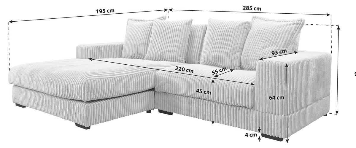 ECKSOFA in Cord Weiß  195/285 cm  - Schwarz/Weiß, Design, Kunststoff/Textil (195/285cm) - MID.YOU