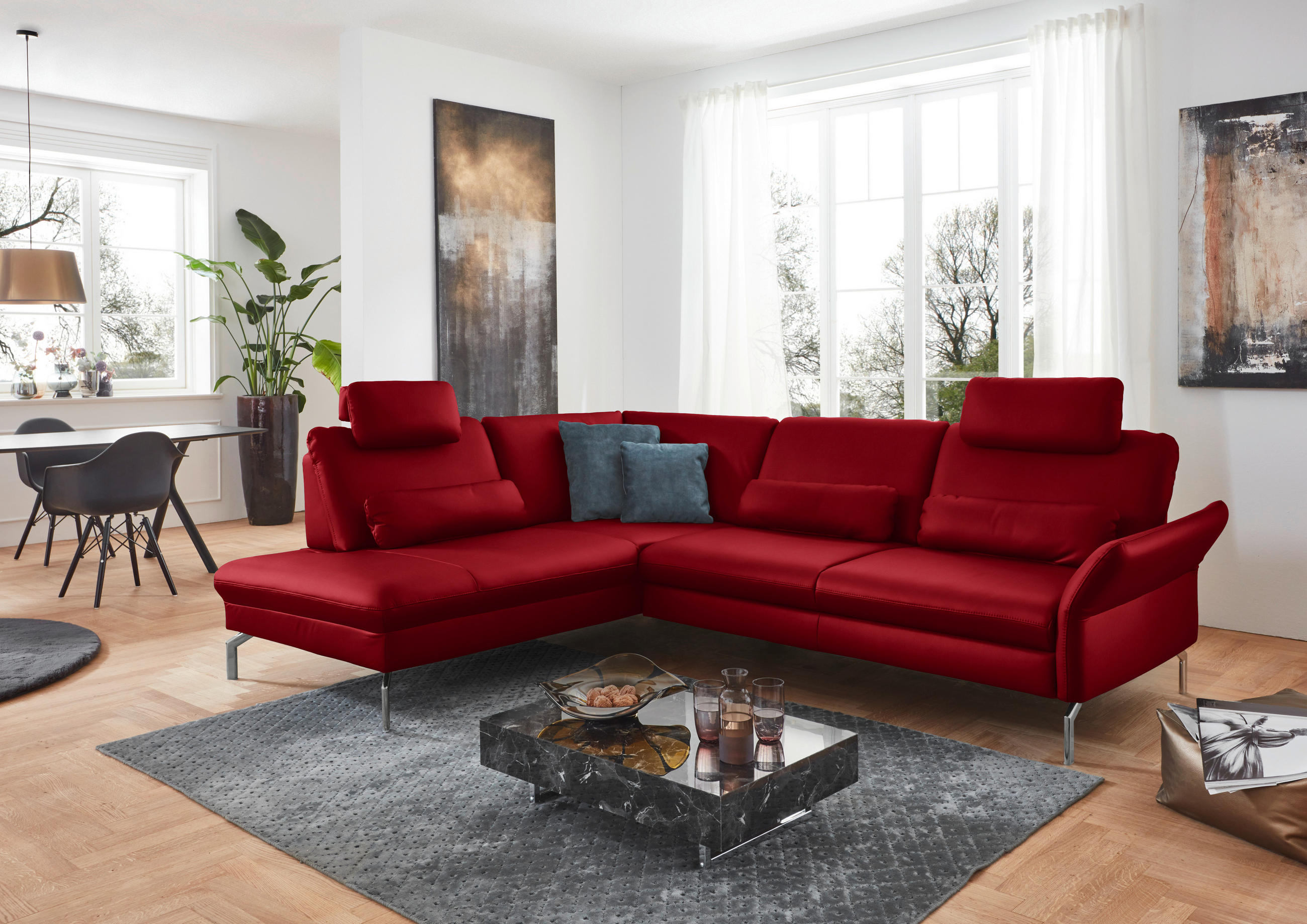 ECKSOFA in Echtleder Rot  - Rot/Alufarben, Konventionell, Leder/Metall (220/284cm) - Beldomo Premium