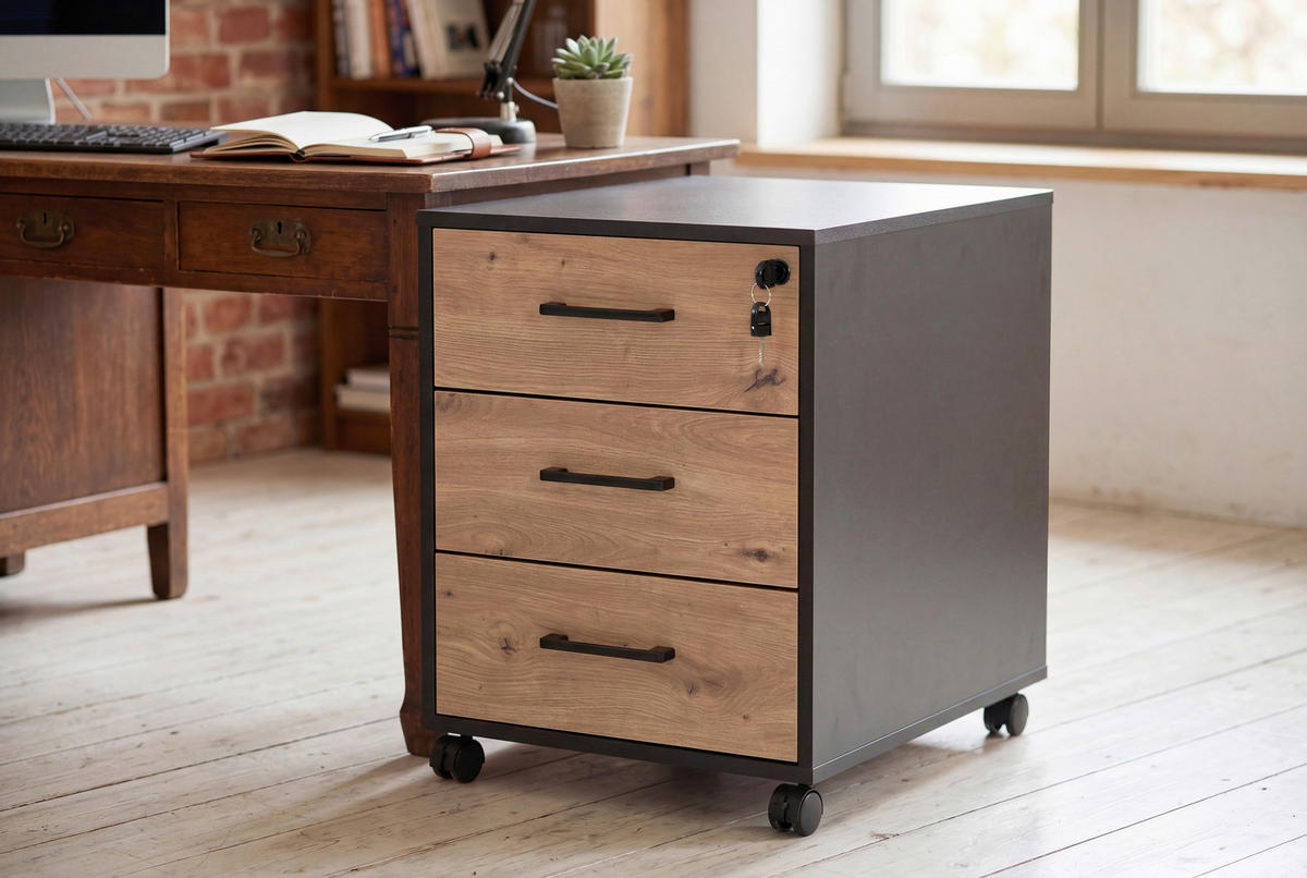ROLLCONTAINER Schwarz, Eiche Artisan  - Schwarz/Eiche Artisan, MODERN, Holzwerkstoff/Kunststoff (43/56/60cm) - Livetastic