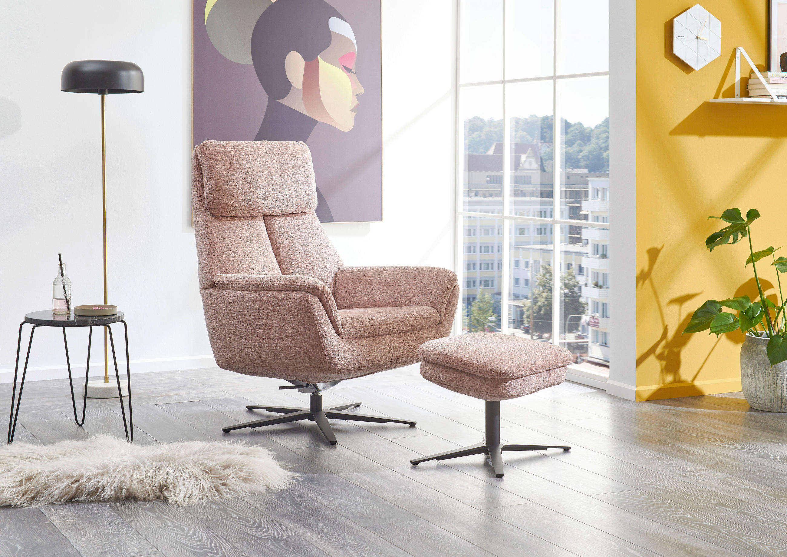 RELAXSESSEL drehbar Chenille    - Hellrosa/Schwarz, Design, Textil/Metall (79/108/89cm) - Beldomo Style