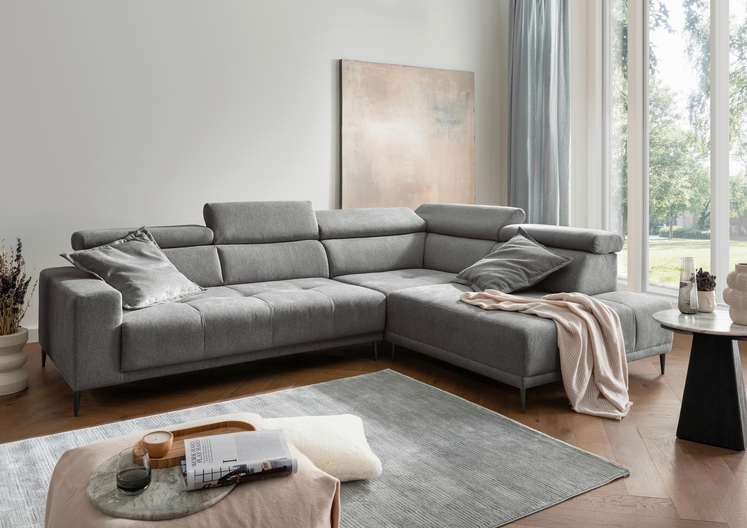 ECKSOFA INTERA Dunkelgrau Struktur Kopfteilverstellung, Sitzvorzug  - Dunkelgrau/Schwarz, KONVENTIONELL, Textil/Metall (305/225cm) - Livetastic