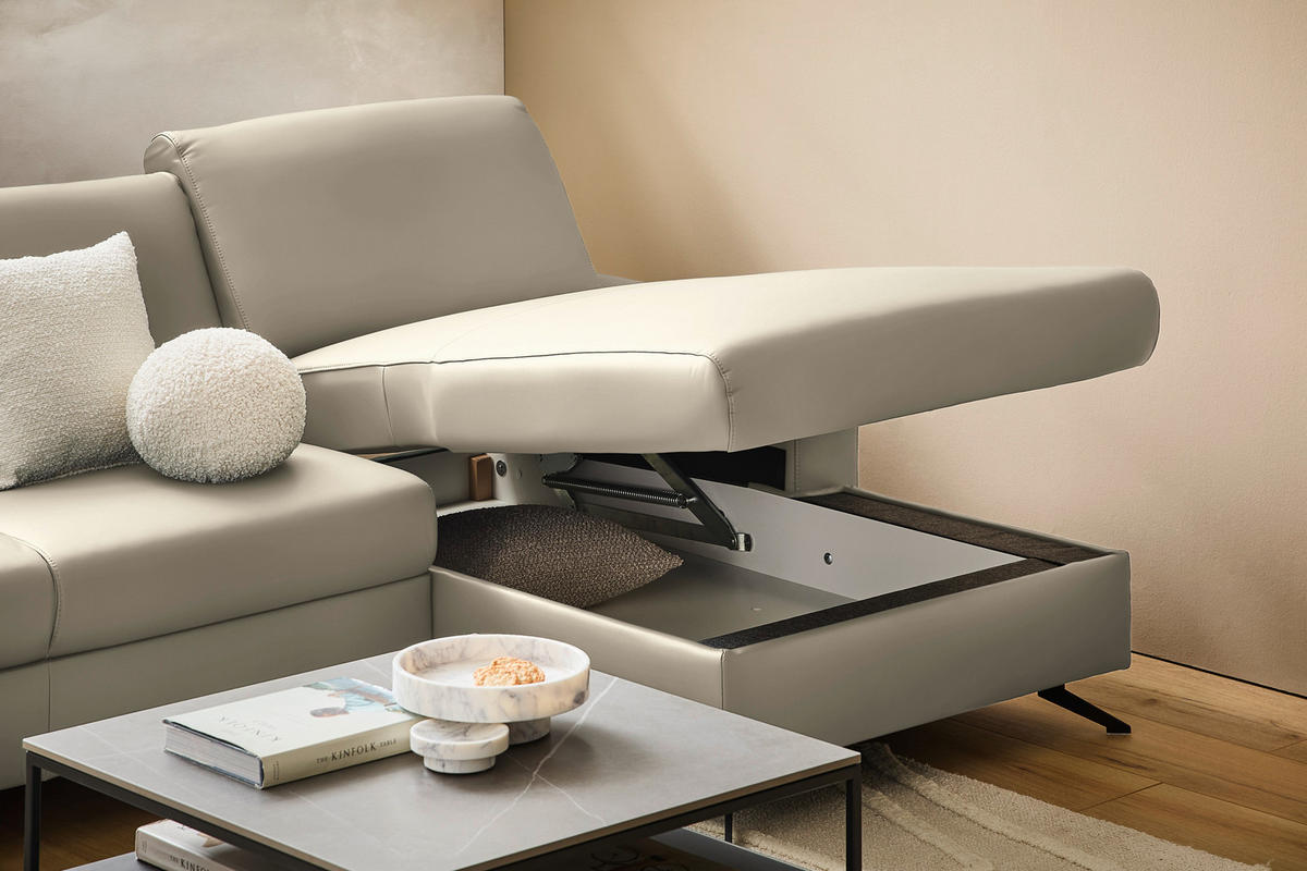 ECKSOFA in Echtleder Ecru  - Ecru/Schwarz, Design, Leder/Metall (267/165cm) - Lomoco