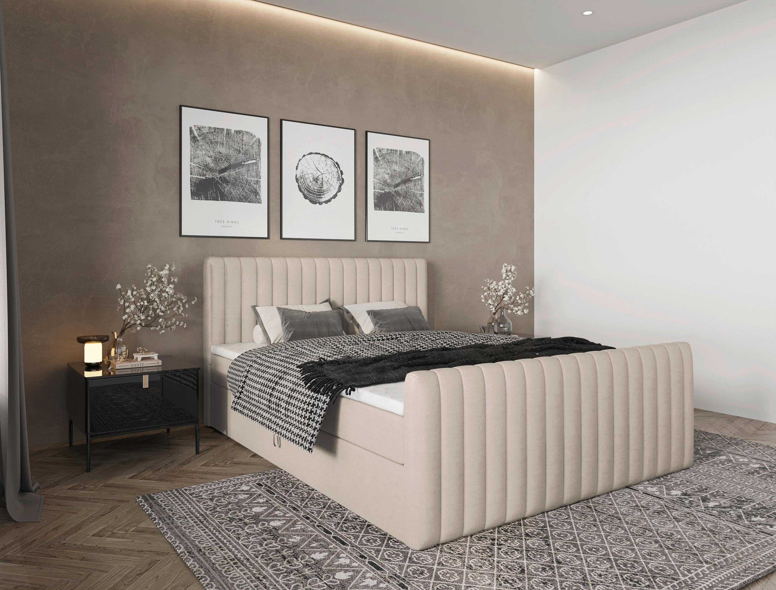 BOXBETT 160/200 cm,  in Creme, gepolstertes Kopfteil, Bettkasten, Topper, Matratzen, H3 + H3 = fest  - Creme/Schwarz, Basics, Kunststoff/Textil (160/200cm) - Chameo