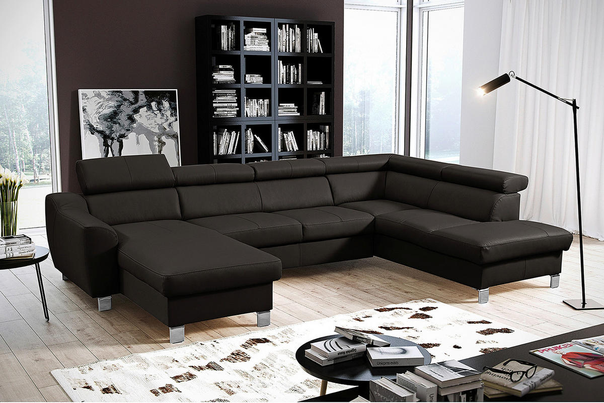 WOHNLANDSCHAFT in Lederlook Echtleder Dunkelbraun  - Chromfarben/Dunkelbraun, Design, Leder/Textil (175/315/208cm) - Livetastic