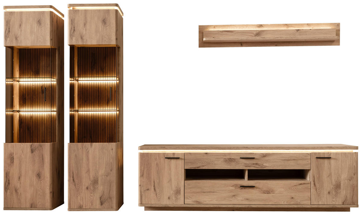 WOHNWAND 4-teilig  in Eichefarben  330/208/50 cm  - Eichefarben/Anthrazit, KONVENTIONELL, Glas/Holzwerkstoff (330/208/50cm) - Cantus