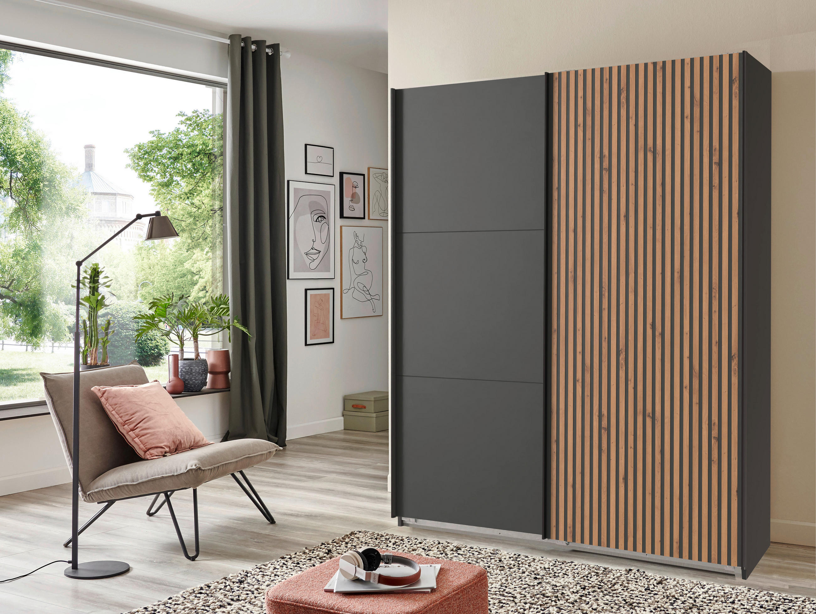 OMARA Z DRSNIMI VRATI, barve grafita, barve hrasta - črna/barve hrasta, Konvencionalno, kovina/leseni material (200/218/65cm) - Premium Living