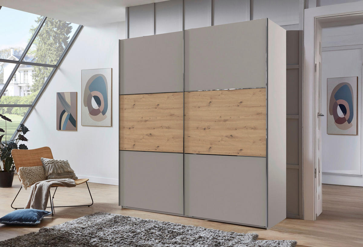 SCHWEBETÜRENSCHRANK 200/216/65 cm 2-türig Grau, Edelstahlfarben, Eiche Artisan  - Edelstahlfarben/Eiche Artisan, KONVENTIONELL, Holzwerkstoff/Metall (200/216/65cm) - Stylife