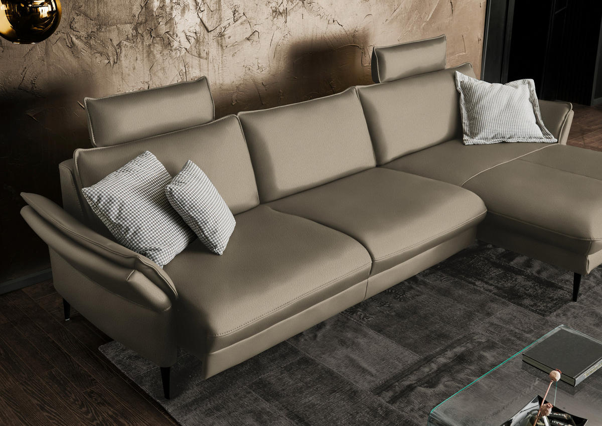 ECKSOFA in Echtleder Greige  - Greige/Schwarz, Design, Leder/Metall (334/172cm) - Hukla