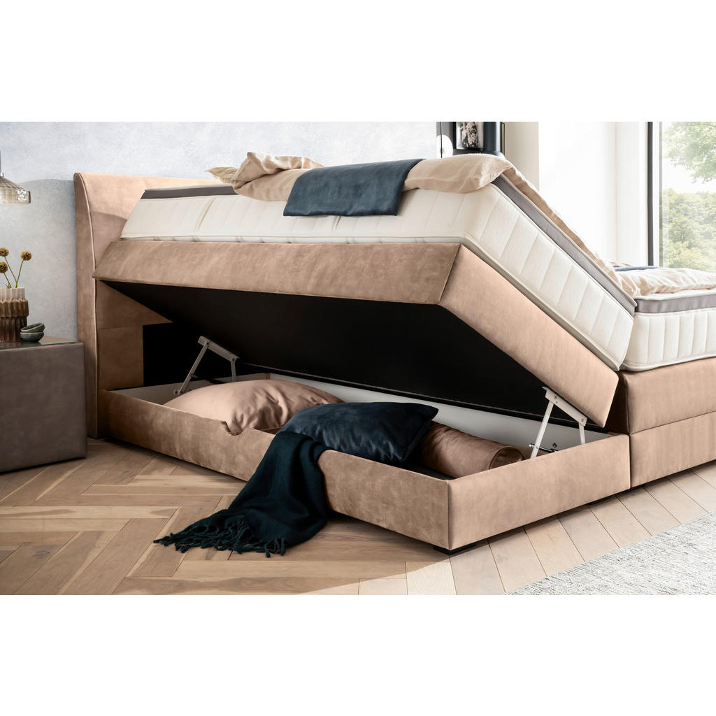 Thumbnail - Novel Boxspringbett, Hellbraun, Textil, Wenge, H2 + H3, 7-Zonen, Höhe ca. 27 cm, 160x200 cm, Bettkasten, Federkernmatrat...