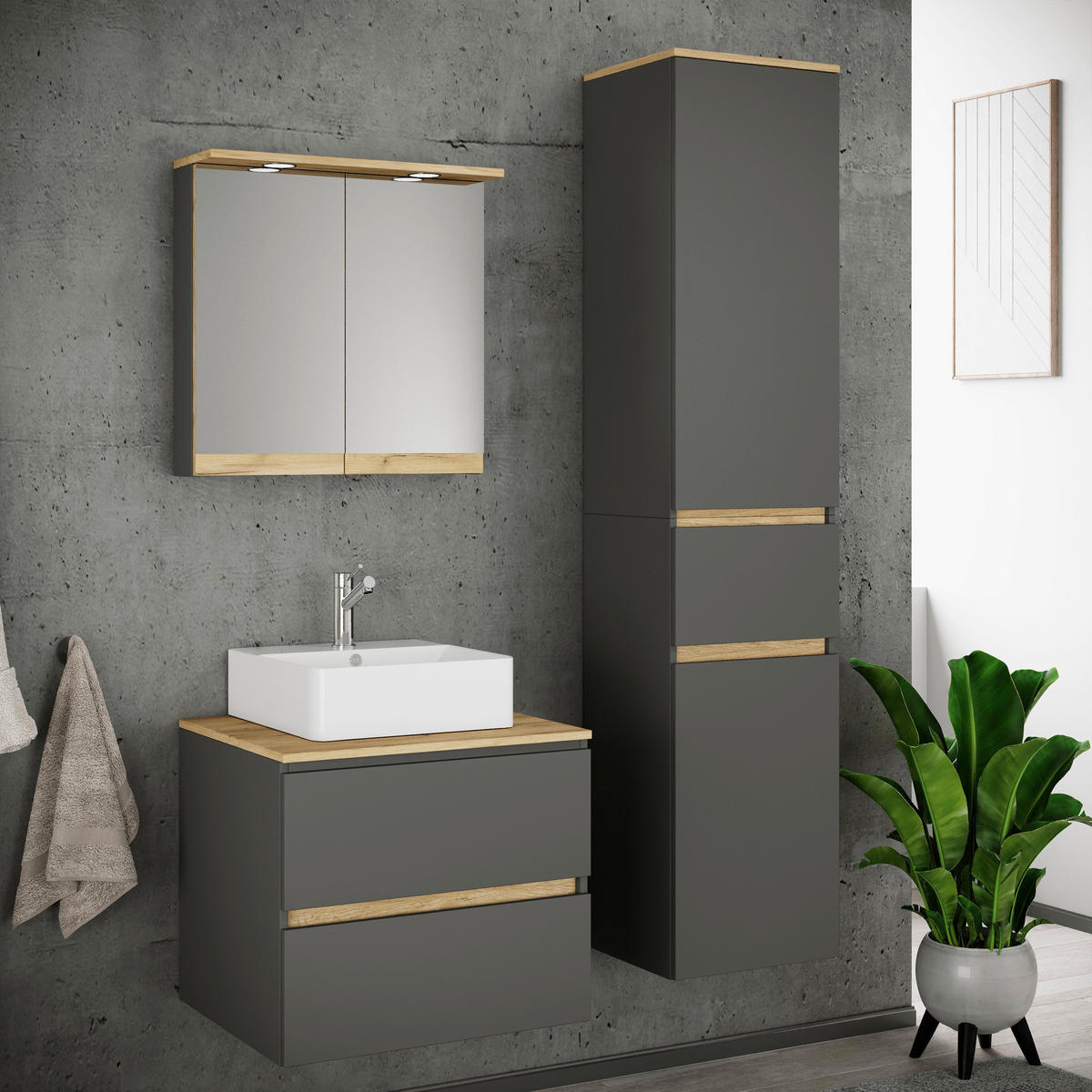 BADEZIMMER 4-teilig  in 90 cm  - Honigeiche/Anthrazit, Trend, Keramik/Holzwerkstoff (90cm) - MID.YOU