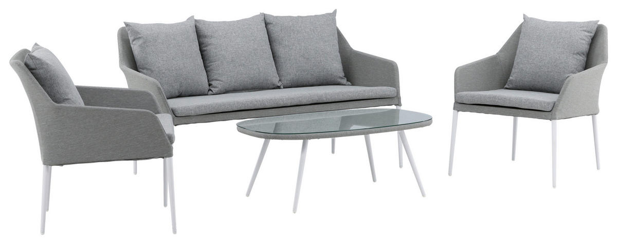 LOUNGEGARNITUR Aluminium  - Weiß/Grau, KONVENTIONELL, Glas/Textil - Gardenson
