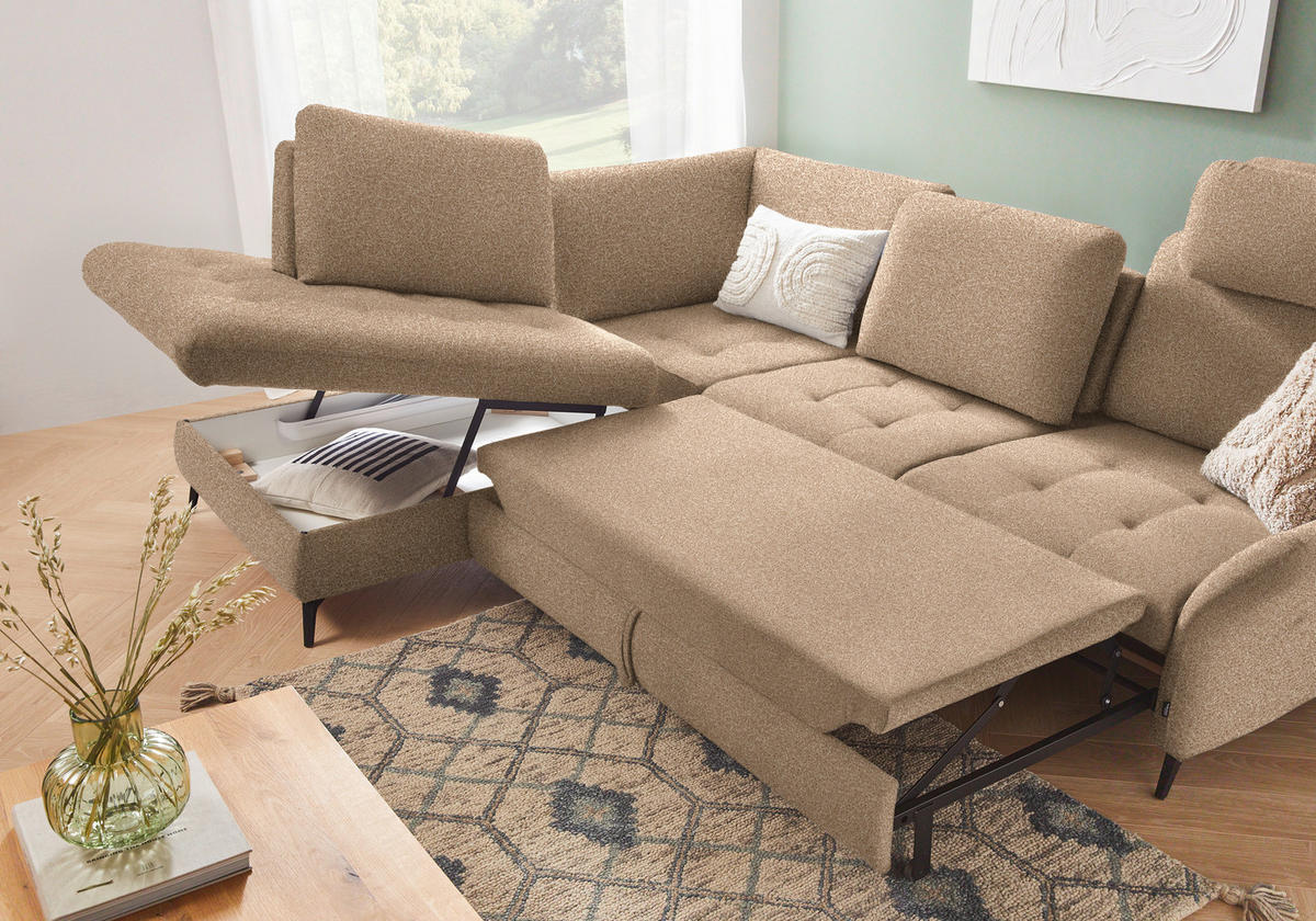 ECKSOFA in Bouclé Hellbraun  - Hellbraun/Schwarz, Natur, Textil/Metall (233/288cm) - Valnatura