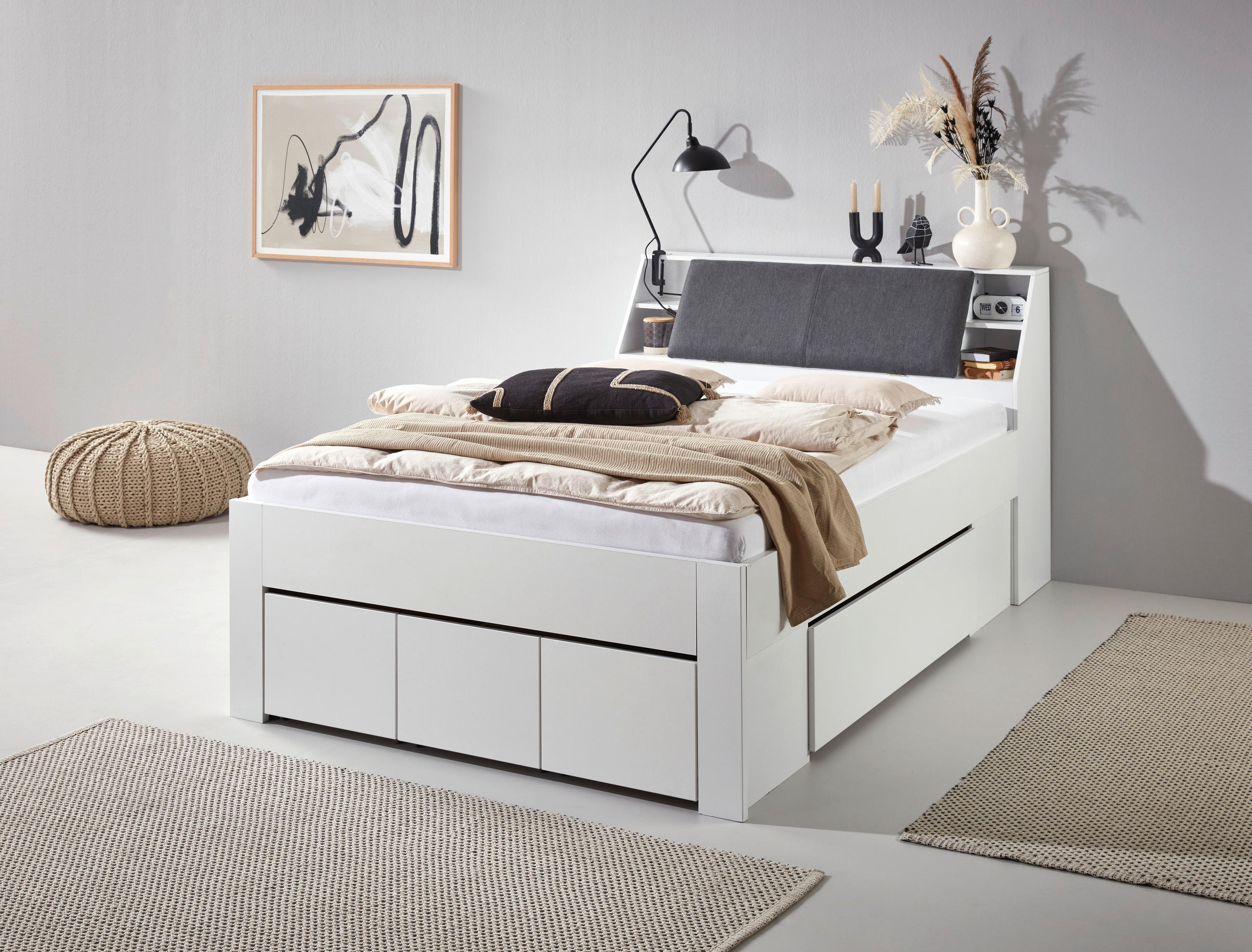 STAURAUMBETT 140/200 cm in Weiß - Weiß/Grau, KONVENTIONELL, Holzwerkstoff/Textil (140/200cm) - Carryhome