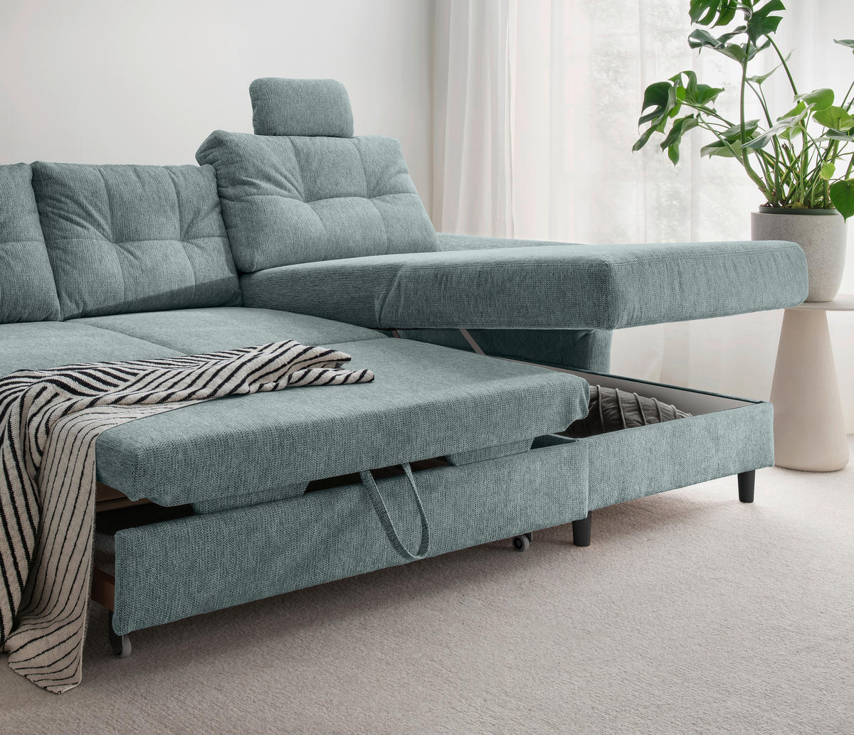 WOHNLANDSCHAFT in Chenille Blau  - Blau/Schwarz, Modern, Holz/Textil (206/338/176cm) - Livetastic