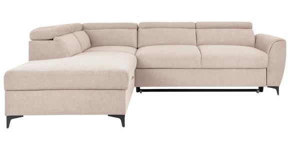 ECKSOFA Creme Velours Bettkasten, Schlaffunktion, Rücken echt, Kopfteilverstellung, Liegefläche im Originalstoff  - Creme/Schwarz, KONVENTIONELL, Textil/Metall (217/255cm) - Carryhome