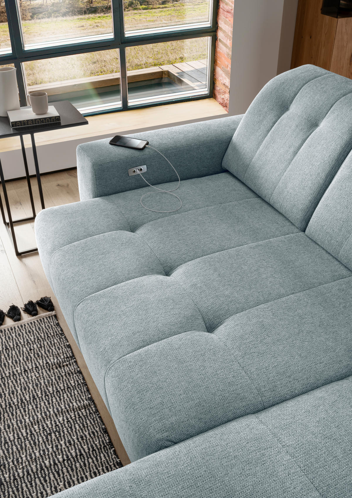 ECKSOFA in Chenille Mintgrün  - Schwarz/Mintgrün, Modern, Textil/Metall (258/180cm) - Livetastic