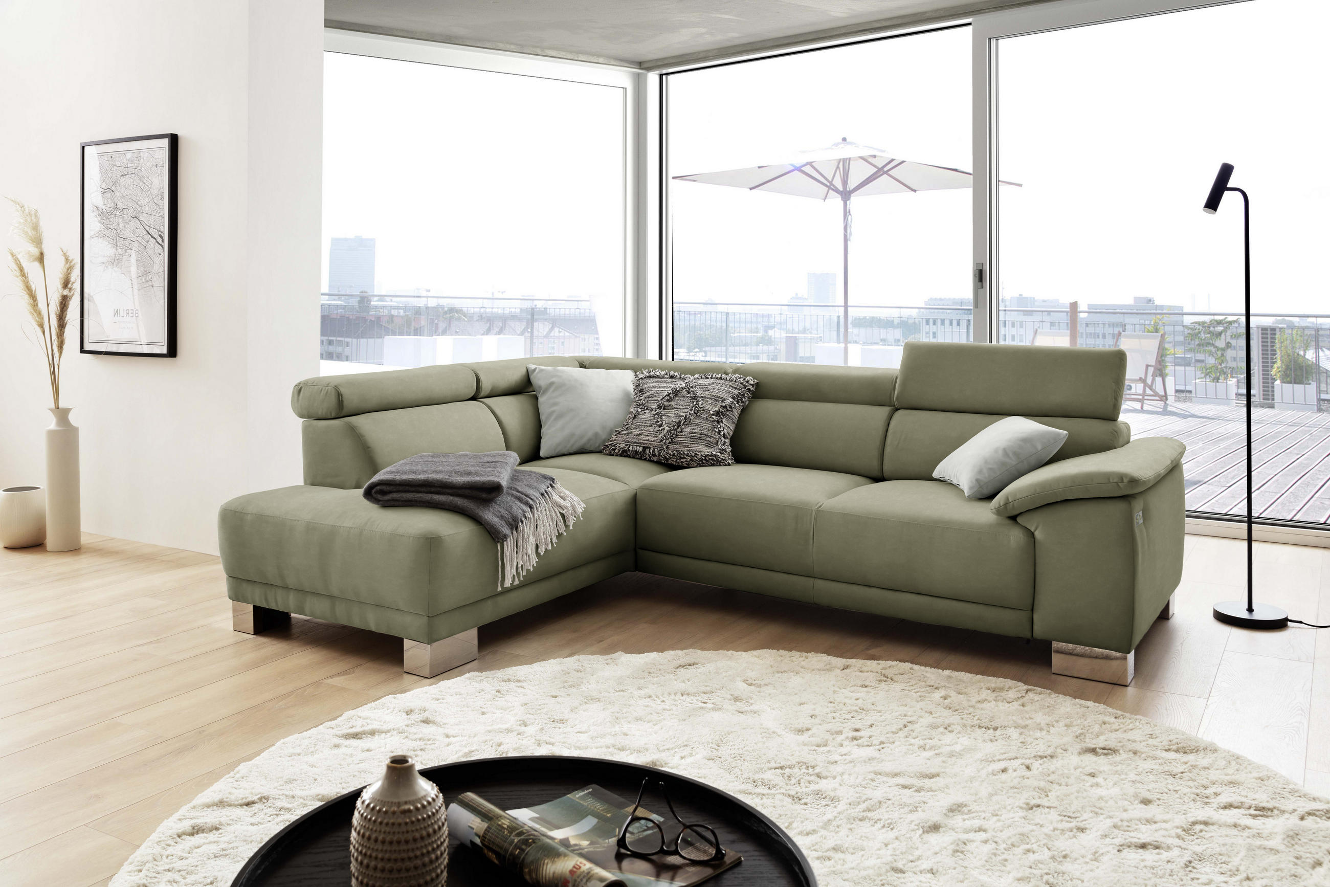 ECKSOFA in Mikrofaser Olivgrün  - Chromfarben/Olivgrün, Design, Holz/Textil (205/270cm) - Pure Home Lifestyle
