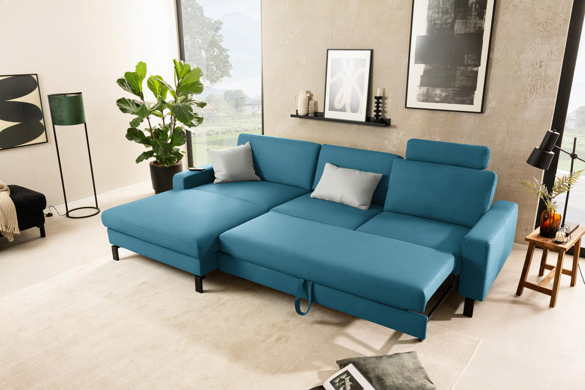 ECKSOFA  in Cord Petrol Rücken echt, Sitztiefenverstellung  185/298 cm  - Petrol/Schwarz, Design, Textil/Metall (185/298cm) - Pure Home Lifestyle