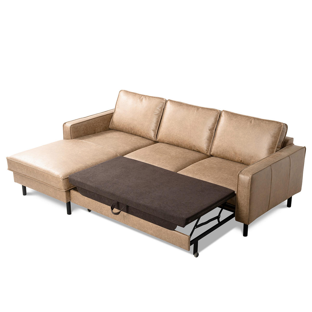 ECKSOFA Sandfarben Echtleder Lederlook Bettkasten, Schlaffunktion, Rücken echt  - Sandfarben/Schwarz, Design, Leder/Textil (166/238cm) - Livetastic