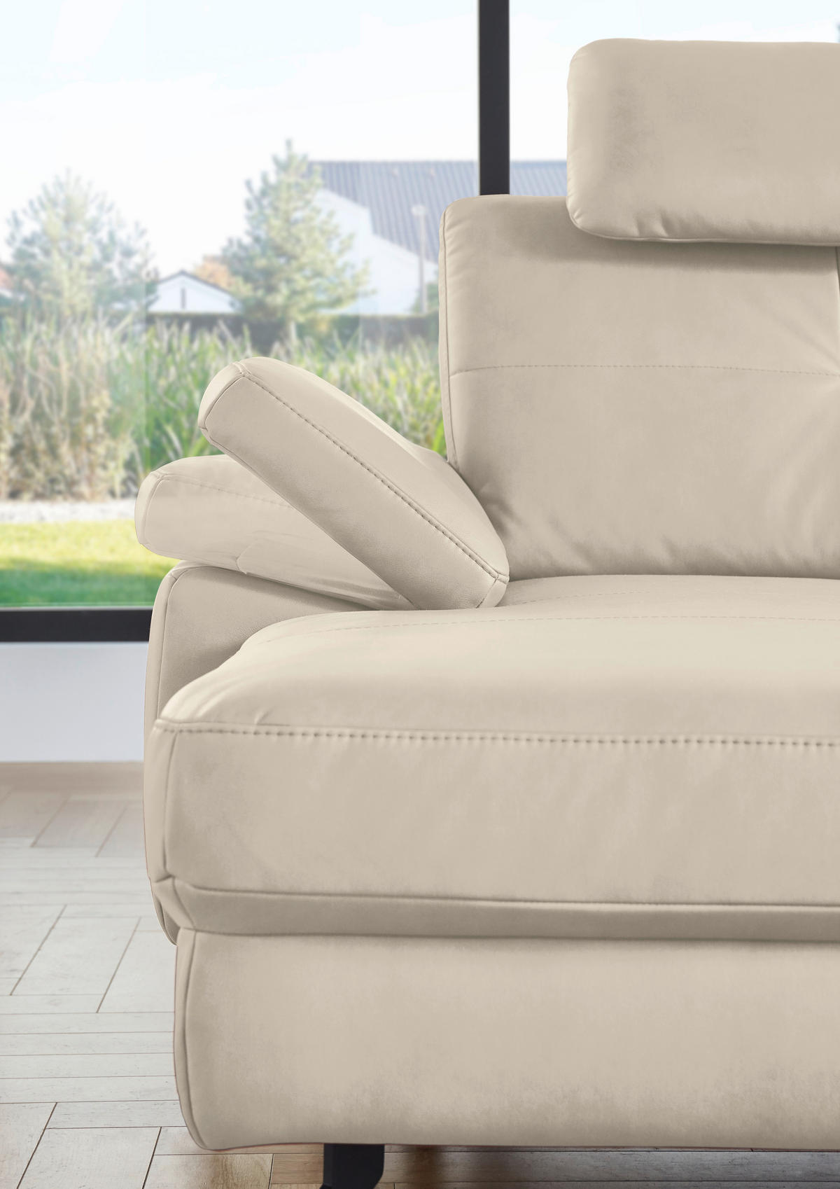 WOHNLANDSCHAFT in Lederlook, Mikrofaser Creme, Naturfarben  - Creme/Schwarz, Design, Textil/Metall (345/220cm) - Beldomo System